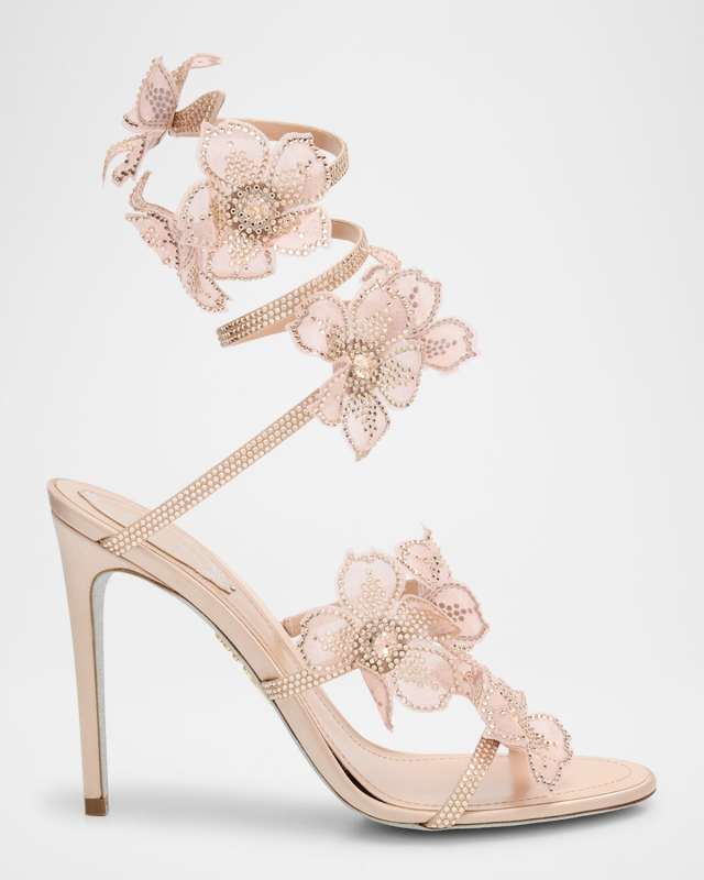 Floraine Crystal Flowers Satin Snake-Wrap Sandals
